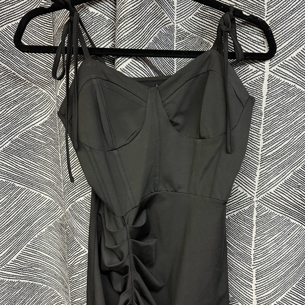 Thigh High Slit Tie Shoulder Ruched Draped Bustier Corsetstyle Vegas Dress <270> - Picture 4 of 10
